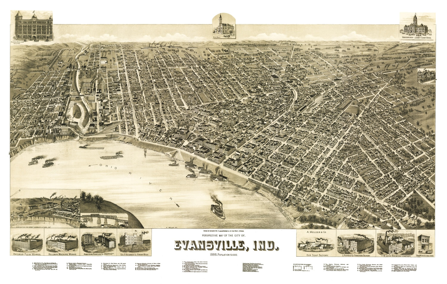 Vintage Map of Evansville, Indiana 1888