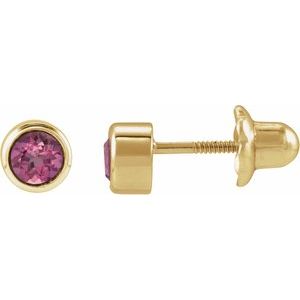 14K Yellow Gold Natural Pink Tourmaline Bezel-Set Youth Earrings