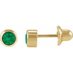 14K Yellow Gold Lab-Grown Emerald Bezel-Set Youth Earrings