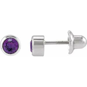 14K White Gold Natural Amethyst Bezel-Set Youth Earrings
