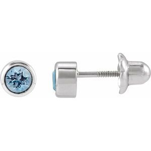 14K White Gold Natural Aquamarine Bezel-Set Youth Earrings