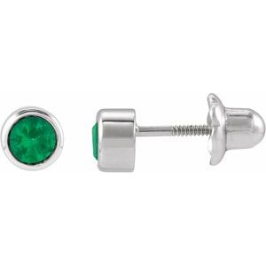 14K White Gold Lab-Grown Emerald Bezel-Set Youth Earrings