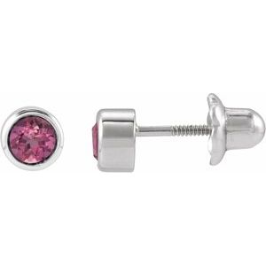 14K White Gold Natural Pink Tourmaline Bezel-Set Youth Earrings