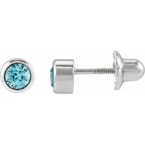 14K White Gold Natural Blue Zircon Bezel-Set Youth Earrings