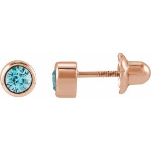 14K Rose Gold Natural Blue Zircon Bezel-Set Youth Earrings