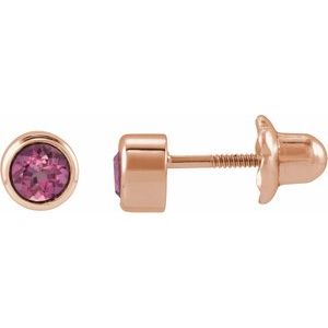 14K Rose Gold Natural Pink Tourmaline Bezel-Set Youth Earrings