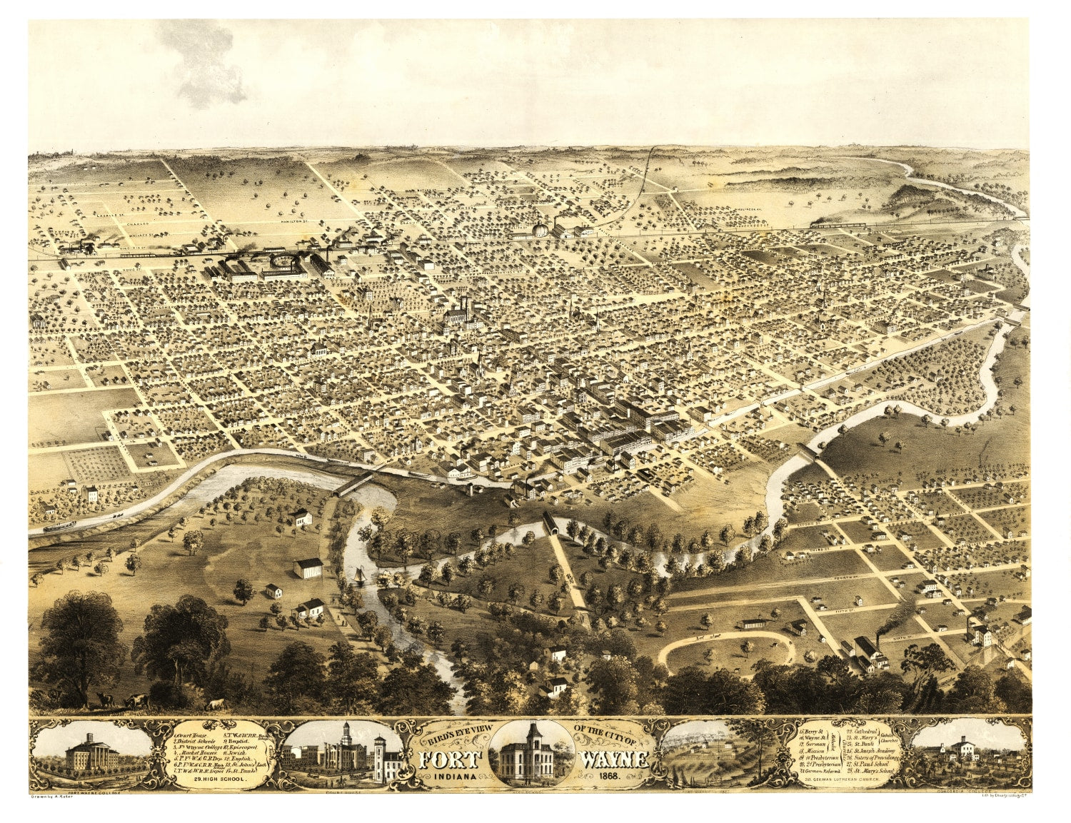 Vintage Map of Fort Wayne, Indiana 1868
