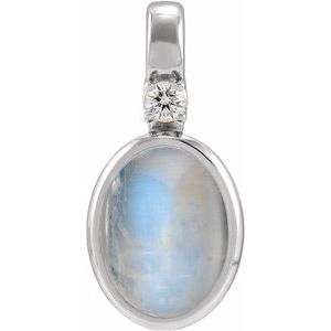14K White Gold .03 CT Natural Rainbow Moonstone & Natural Diamond Pendant