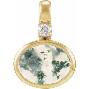 14K Yellow Gold Natural Moss Agate & .03 CT Natural Diamond Cabochon Pendant