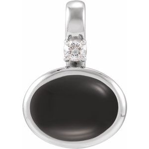 14K White Gold Natural Black Onyx & .03 CT Natural Diamond Cabochon Pendant