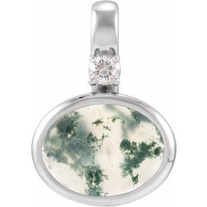 Platinum Natural Moss Agate & .03 CT Lab-Grown Diamond Cabochon Pendant