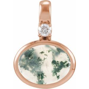 14K Rose Gold Natural Moss Agate & .03 CT Natural Diamond Cabochon Pendant