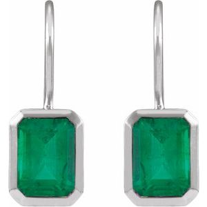 Platinum Natural Emerald Bezel-Set Drop Earrings – image 2