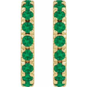 14K Yellow Gold Natural Emerald French-Set 12 mm Huggie Hoop Earrings – image 2