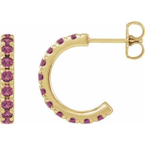 14K Yellow Gold Natural Pink Tourmaline French-Set 15.1 mm Huggie Hoop Earrings