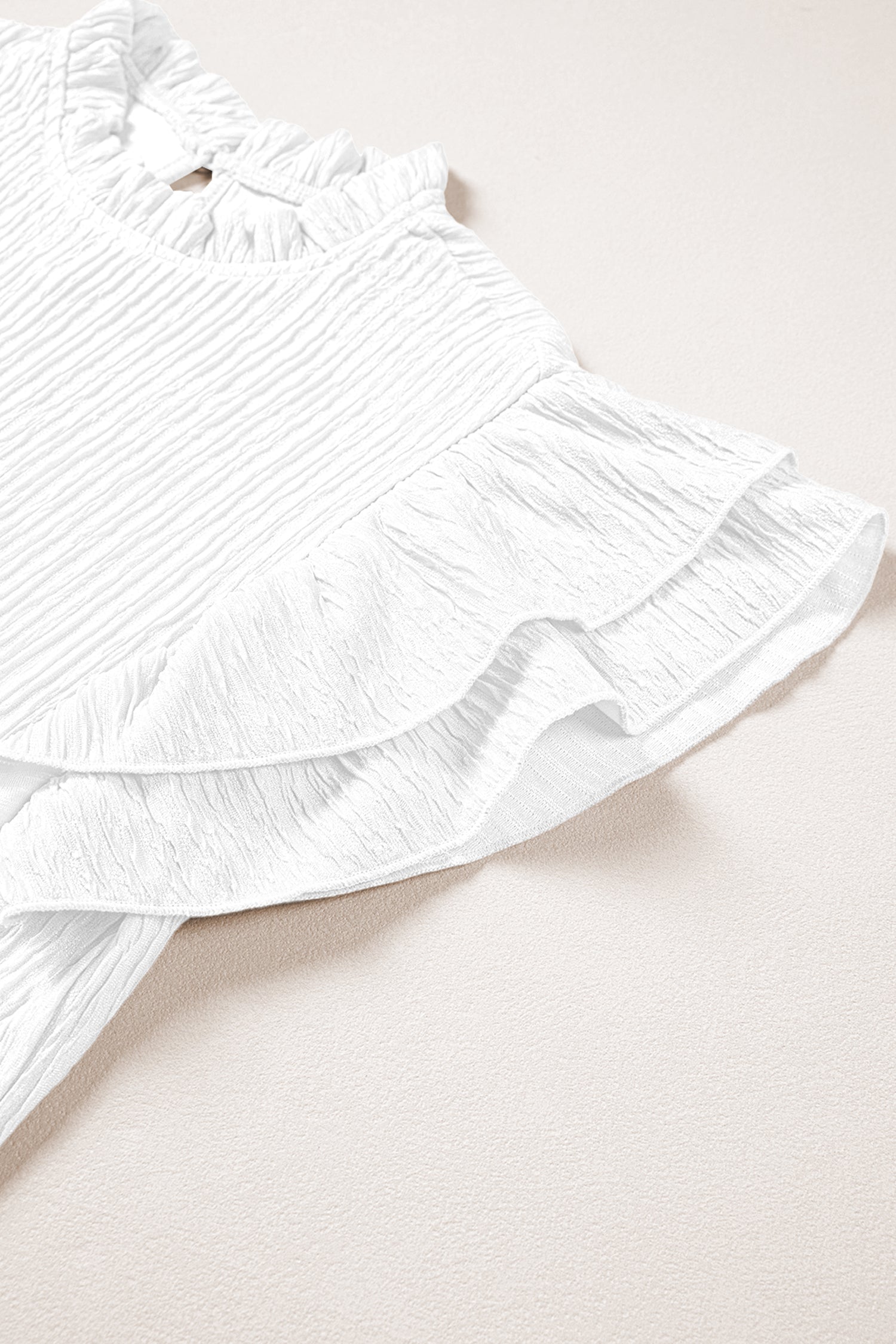 Solid Textured Ruffle Trim Short Sleeve Blouse