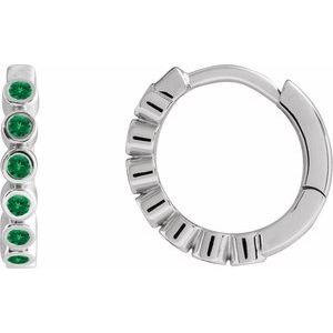 14K White Gold Natural Emerald 15 mm Hinged Hoop Earrings