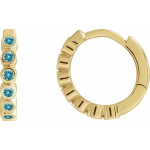 14K Yellow Gold Natural Blue Zircon 15 mm Hinged Hoop Earrings