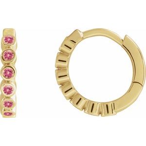 14K Yellow Gold Natural Pink Tourmaline 15 mm Hinged Hoop Earrings