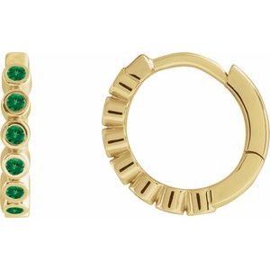 14K Yellow Gold Lab-Grown Emerald 15 mm Hinged Hoop Earrings