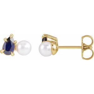 14K Yellow Gold Cultured White Akoya Pearl & Lab-Grown Blue Sapphire Earrings