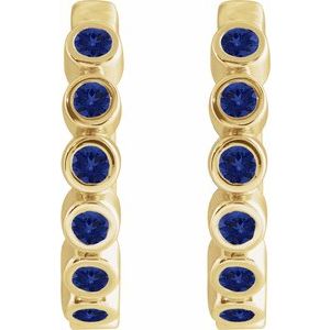 14K Yellow Gold Lab-Grown Blue Sapphire 15 mm Hinged Hoop Earrings – image 2