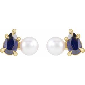 14K Yellow Gold Cultured White Akoya Pearl & Lab-Grown Blue Sapphire Earrings – image 2