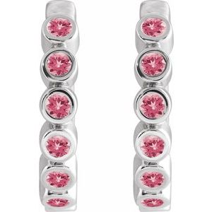 14K White Gold Natural Pink Tourmaline 15 mm Hinged Hoop Earrings – image 2