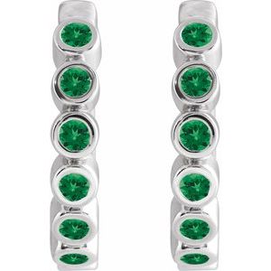 14K White Gold Natural Emerald 15 mm Hinged Hoop Earrings – image 2