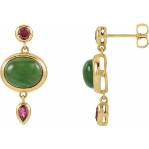 14K Yellow Gold Natural Nephrite Jade Cabochon & Natural Pink Tourmaline Bezel-Set Earrings