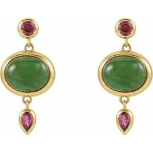 14K Yellow Gold Natural Nephrite Jade Cabochon & Natural Pink Tourmaline Bezel-Set Earrings – image 2