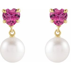 14K Yellow Gold Cultured White Akoya Pearl & Natural Pink Tourmaline Earrings – image 2