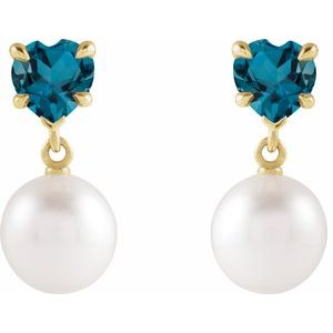 14K Yellow Gold Cultured White Akoya Pearl & Natural London Blue Topaz Earrings – image 2