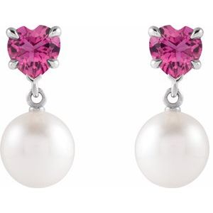 Sterling Silver Cultured White Akoya Pearl & Natural Pink Tourmaline Earrings – image 2