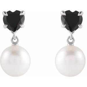 Platinum Cultured White Akoya Pearl & Natural Onyx Earrings – image 2