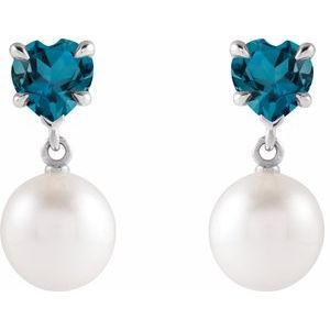 Platinum Cultured White Akoya Pearl & Natural London Blue Topaz Earrings – image 2