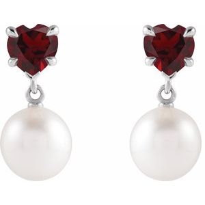 14K White Gold Cultured White Akoya Pearl & Natural Mozambique Garnet Earrings – image 2