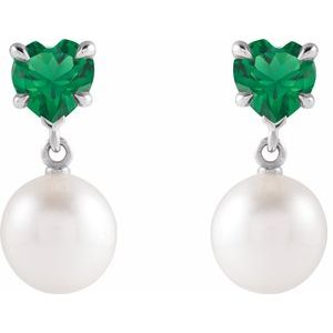 Platinum Cultured White Akoya Pearl & Lab-Grown Emerald Earrings – image 2