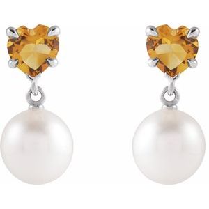 Platinum Cultured White Akoya Pearl & Natural Citrine Earrings – image 2