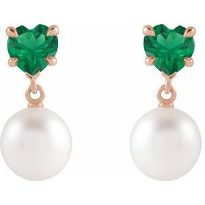 14K Rose Gold Cultured White Akoya Pearl & Lab-Grown Emerald Earrings – image 2