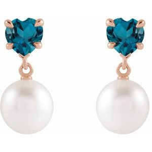 14K Rose Gold Cultured White Akoya Pearl & Natural London Blue Topaz Earrings – image 2