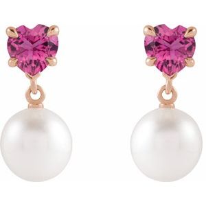 14K Rose Gold Cultured White Akoya Pearl & Natural Pink Tourmaline Earrings – image 2