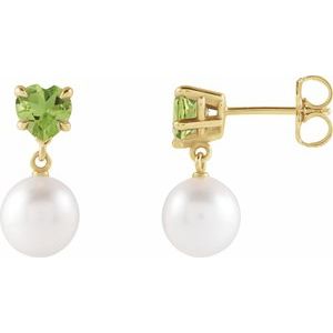 14K Yellow Gold Cultured White Akoya Pearl & Natural Peridot Earrings