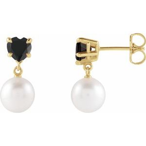 14K Yellow Gold Cultured White Akoya Pearl & Natural Onyx Earrings