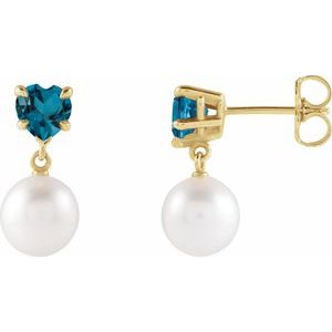 14K Yellow Gold Cultured White Akoya Pearl & Natural London Blue Topaz Earrings