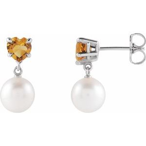 14K White Gold Cultured White Akoya Pearl & Natural Citrine Earrings