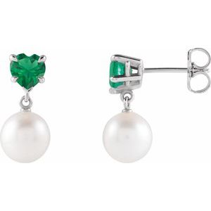 Sterling Silver Cultured White Akoya Pearl & Lab-Grown Emerald Earrings