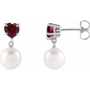 14K White Gold Cultured White Akoya Pearl & Natural Mozambique Garnet Earrings