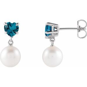 14K White Gold Cultured White Akoya Pearl & Natural London Blue Topaz Earrings