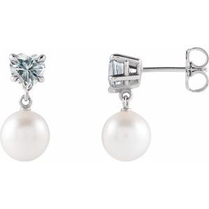 Platinum Cultured White Akoya Pearl & Lab-Grown Moissanite Earrings